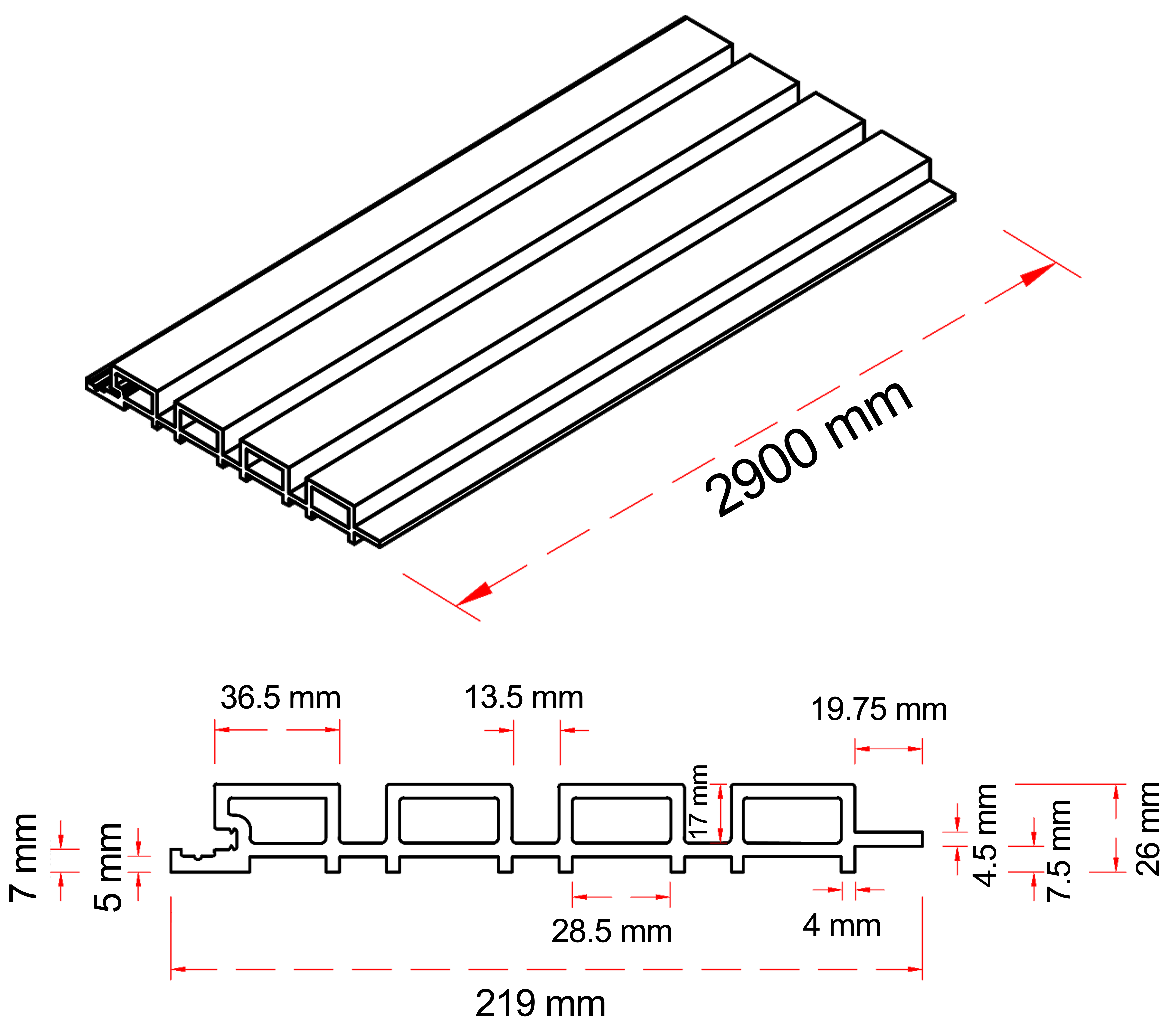 WPC Outdoor Fluted – Sized – F26 -Technical Drawing